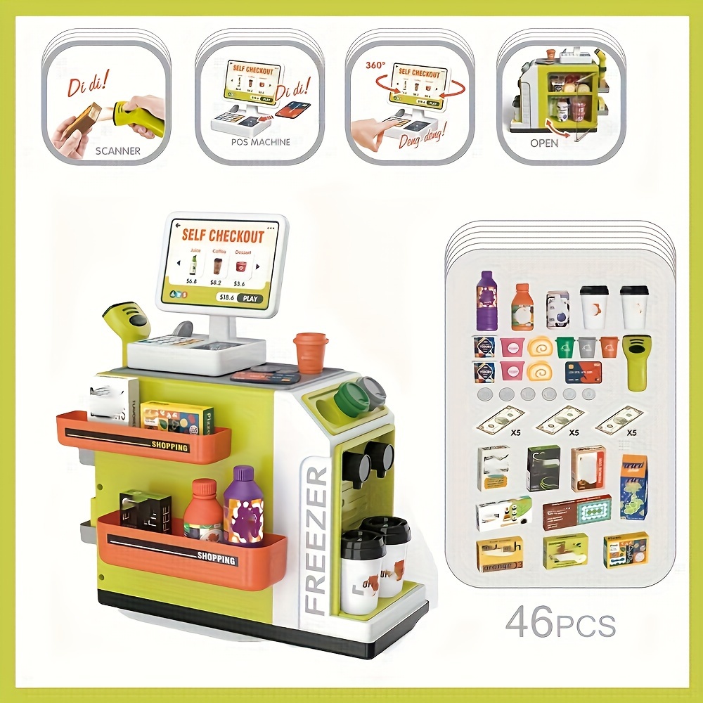 BUYGER Caja registradora para niños con escáner y calculadora de tarjetas  de crédito, juego de comida y dinero supermercado, juguetes para niños de 4