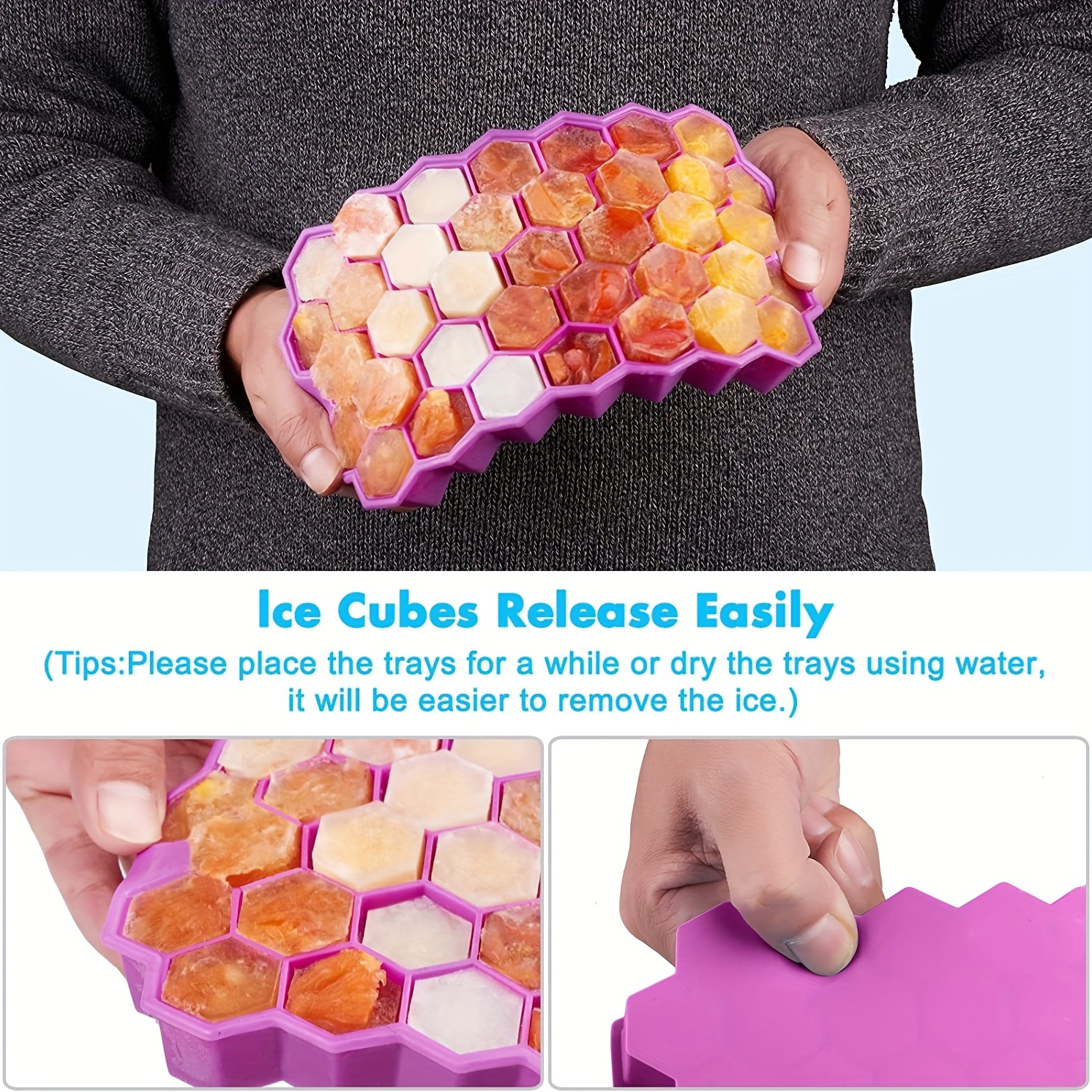 Premium Ice Cube Trays, Silicone Ice Cube Molds With Sealing Lid, 37-ice  Trays, Reusable, Safe Hexagonal Ice Cube Molds, For Chilled Drinks, Whiskey,  Cocktail - Temu
