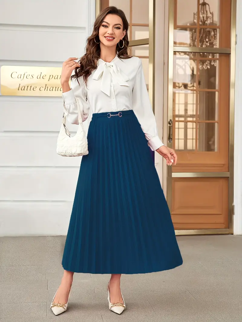 Solid High Waist Pleated Skirt Elegant Maxi Skirt Spring - Temu