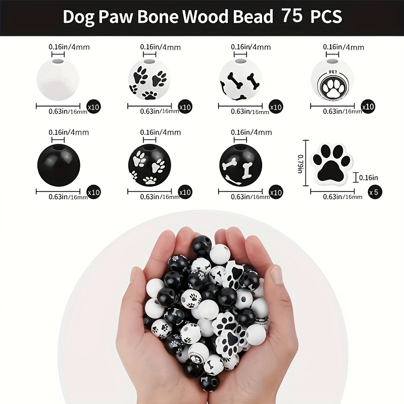 Dog Paw Bone Pattern Wooden Beads Black And White Wooden - Temu