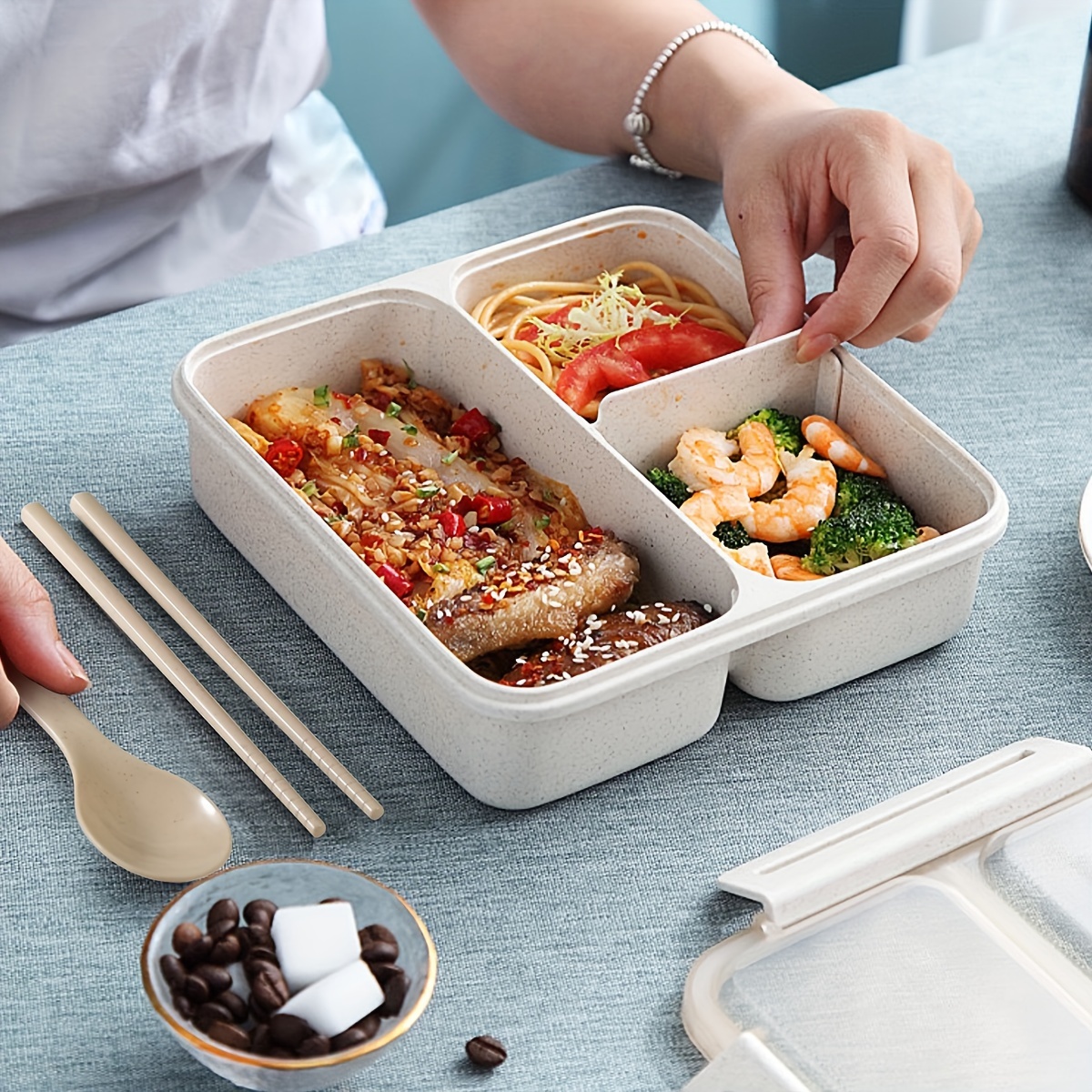 Multi-color Washable Square Lunch Box With Spoon And Fork