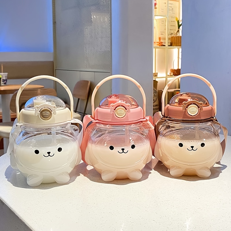 

1pc Large Capacity Cute Bear Water Cup With Straw And Strap Cute Kawaii Travel Water Bottle 1000ml/33.8oz