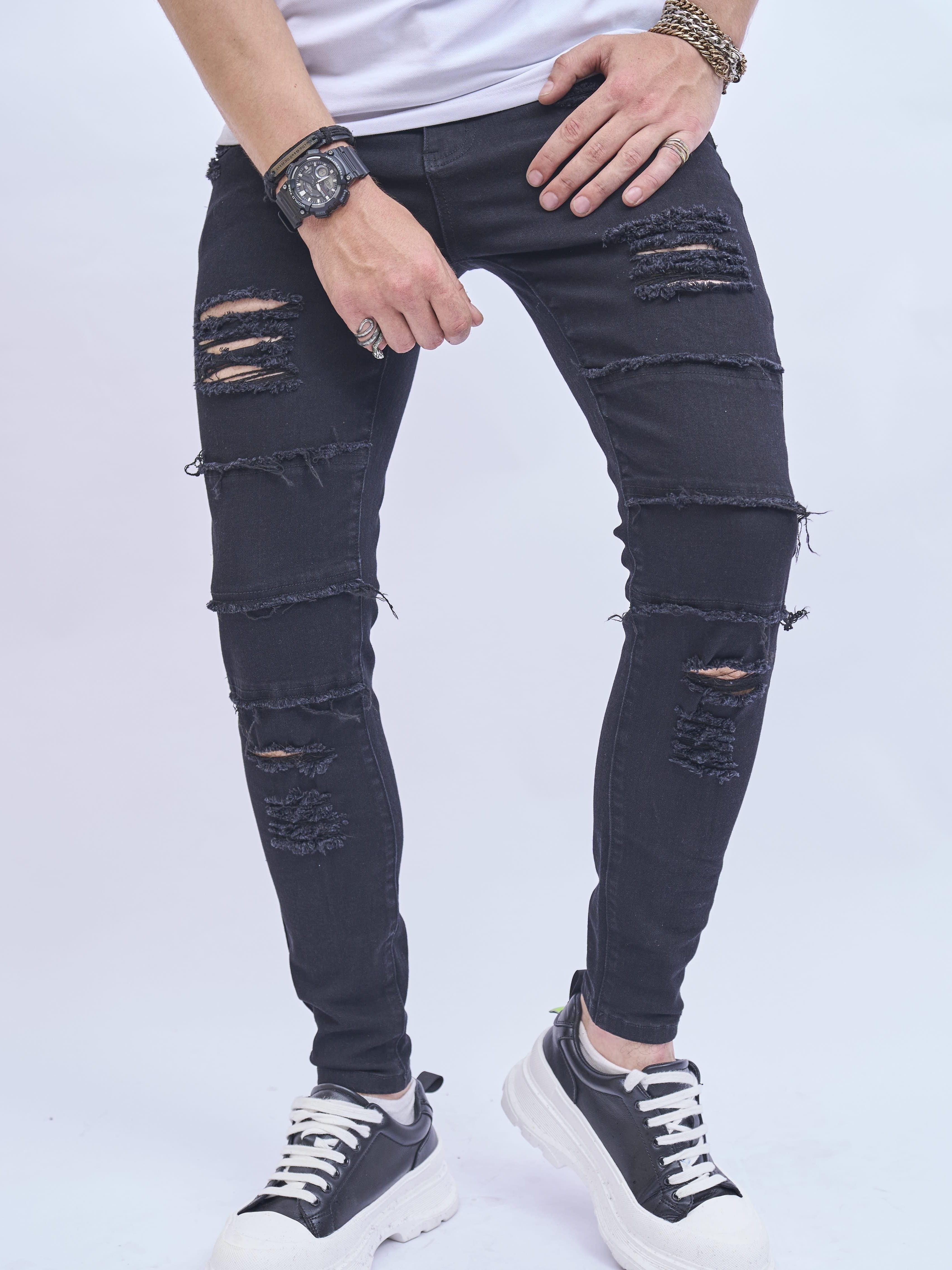 Washed Ripped Jeans Zippered Men's Casual Trousers