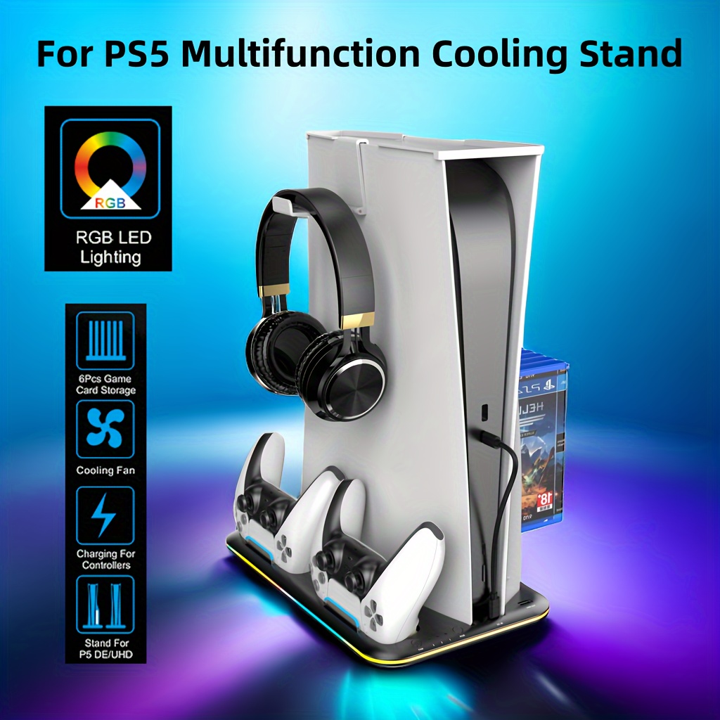  PS5 Slim Stand and Turbo Cooling Station with Controller  Charging Station for Playsation 5, PS5 Accessories Kits Incl. 3 Levels  Cooling Fan, RGB LED, 15 Game Slot, Headset Holder for PS5