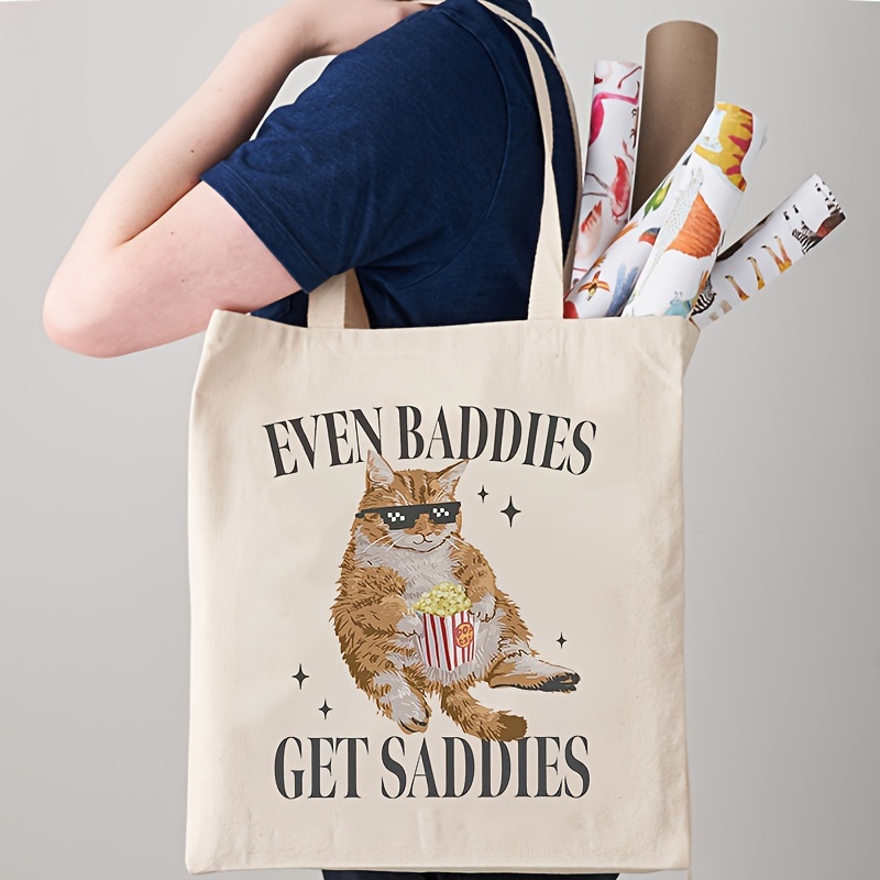 

1pc Books Storage Totes Shopping Bags, Reusable Cat Graphic Cloth Shoulder Bag