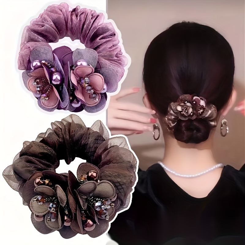 

2 Pcs/set Vintage Organza Scrunchies Flower Beads Decor Hair Tie Elegant Hair Rope Ponytail Holder Hair Ring Elegant Hair Accessories For Women