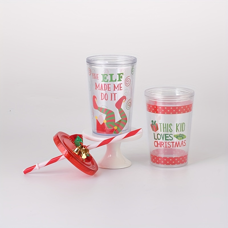 1pc Christmas-themed Double-layer Plastic Drinking Cup With Straw