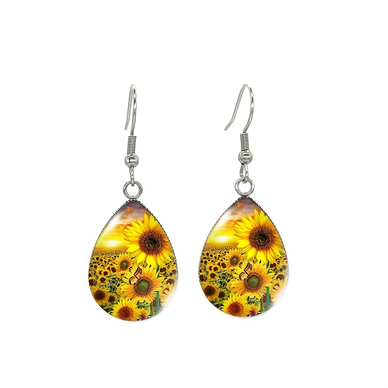 TEMU 1 Paire Nouveaux Boucles d'Oreilles Tendance Jaune Tournesols et avec Image d'Art, Déchirée, Crochet de Poisson, Bijoux Unisexe