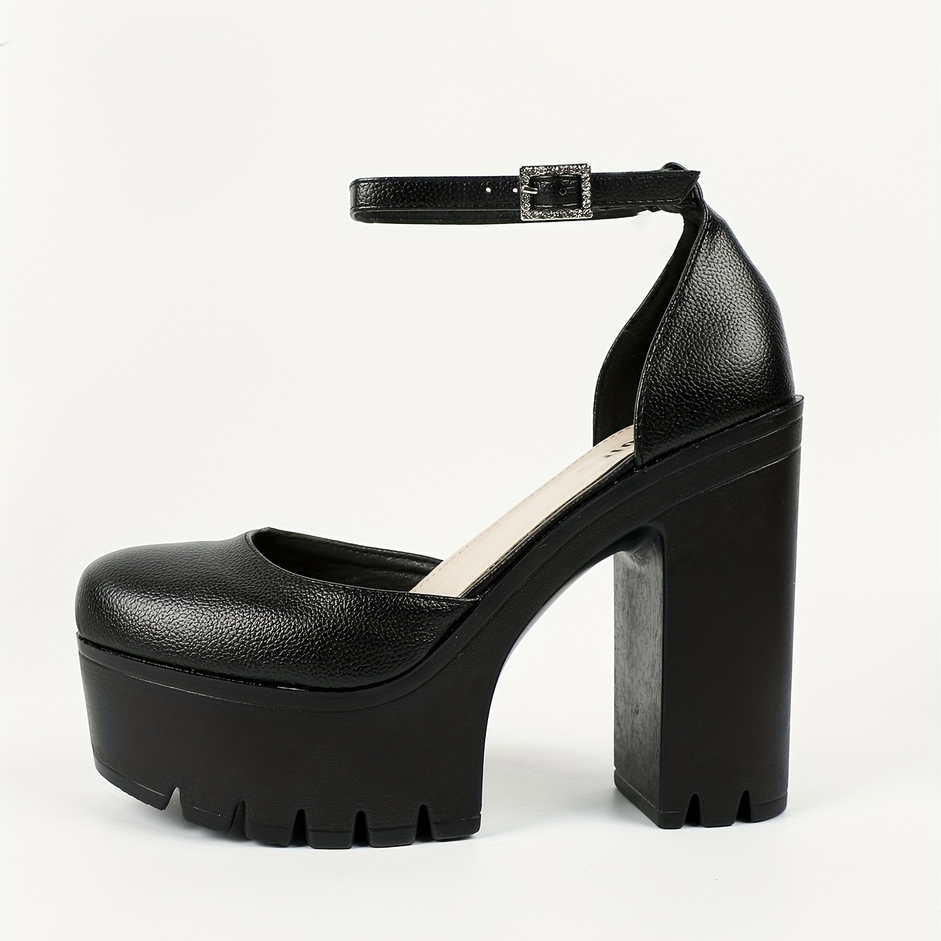 Women's Platform Ankle Strap Heels Waterproof Faux Leather Pumps