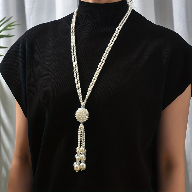 

Women's Simulated Pearl Double Layer Long Chain Necklace Big Ball Pendant Baroque Style Sweater Chain