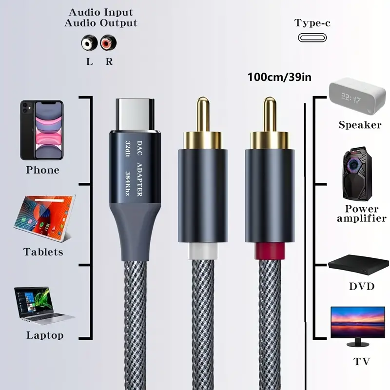 Usb C To Rca Audio Cable Usb Type C To 2 Male Rca Adapter - Temu