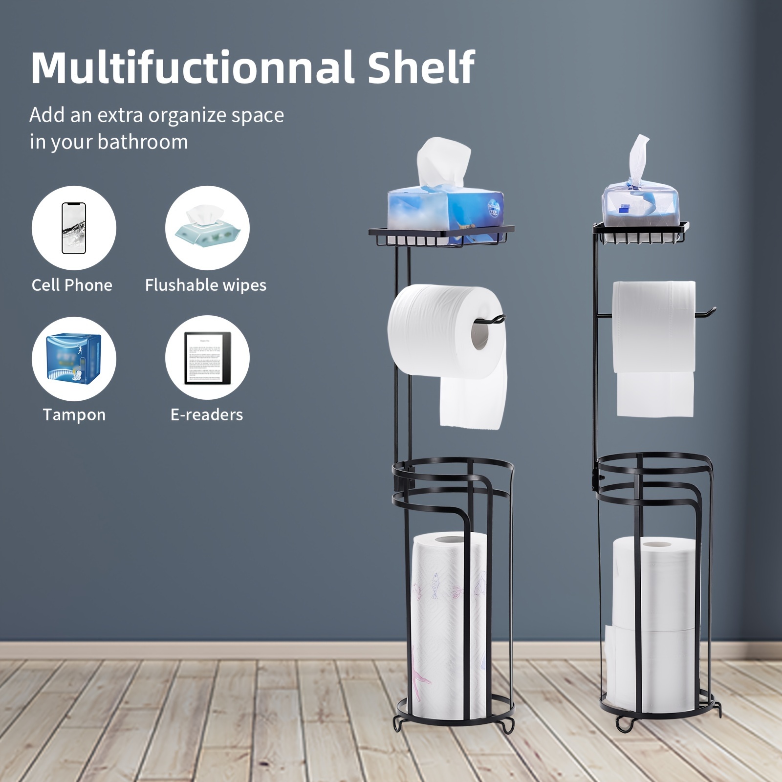 1/2pcs tissue Holder Stand With Basket, Tissue Paper Roll Dispenser With  Shelf, Toilet Tissue Paper Roll Storage Holder With Shelf And Reserve For  Bat