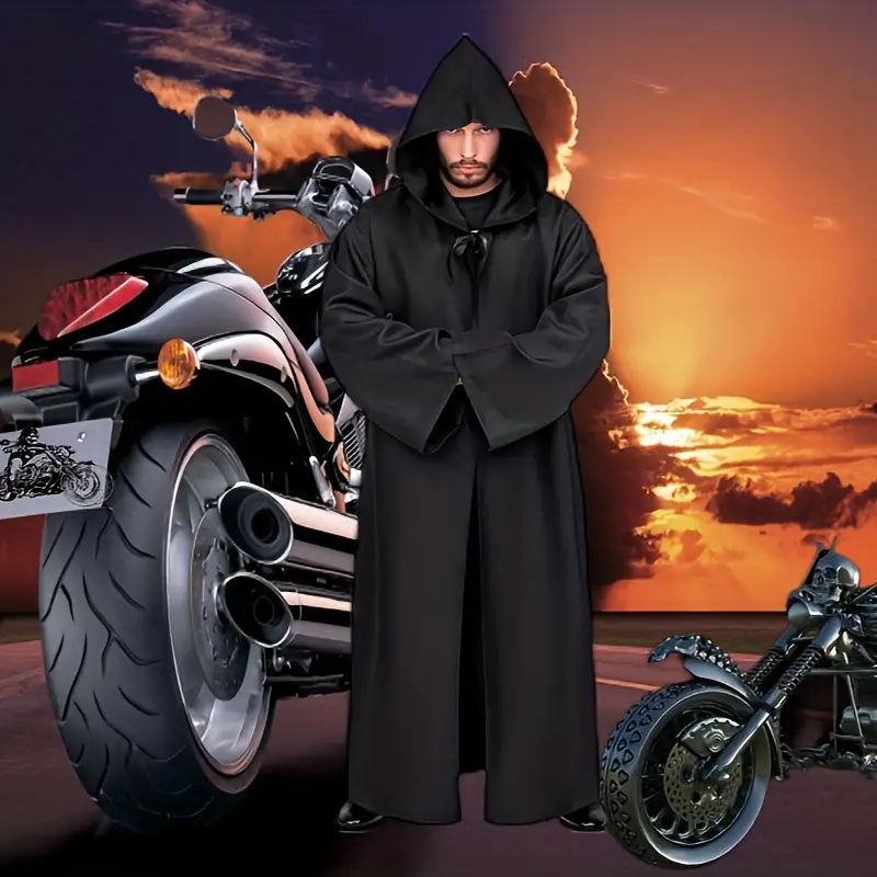 Halloween Moto Riding Knight Black Cape Hooded Robe Samurai Cloak