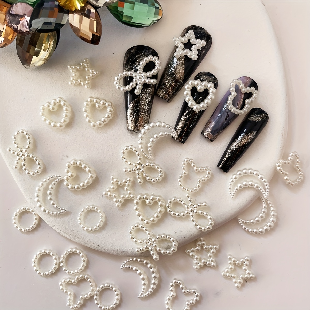 30pcs of Stylish Faux Pearl Nail Art Decorations - Bows, Stars & Moons!