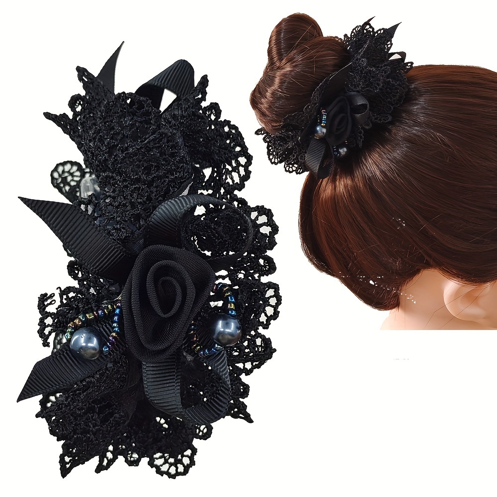 TEMU Vintage Dentelle Chouchous Fleur Perles Décor Cheveux Cravate Élégante Corde de Cheveux Porte-queue de Cheval Anneau de Cheveux Élégant