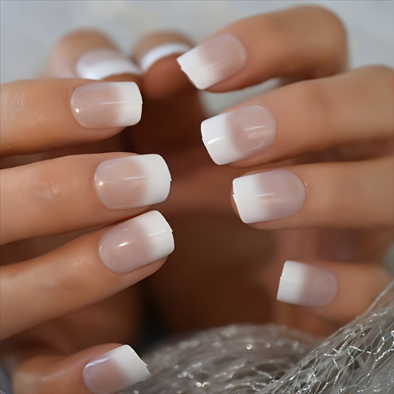 

French Pinkish White Press On Nails, Short Square Glossy Fake Nails, Full Cover Gradient False Nails With 1pc Jelly Glue And 1pc Nail File