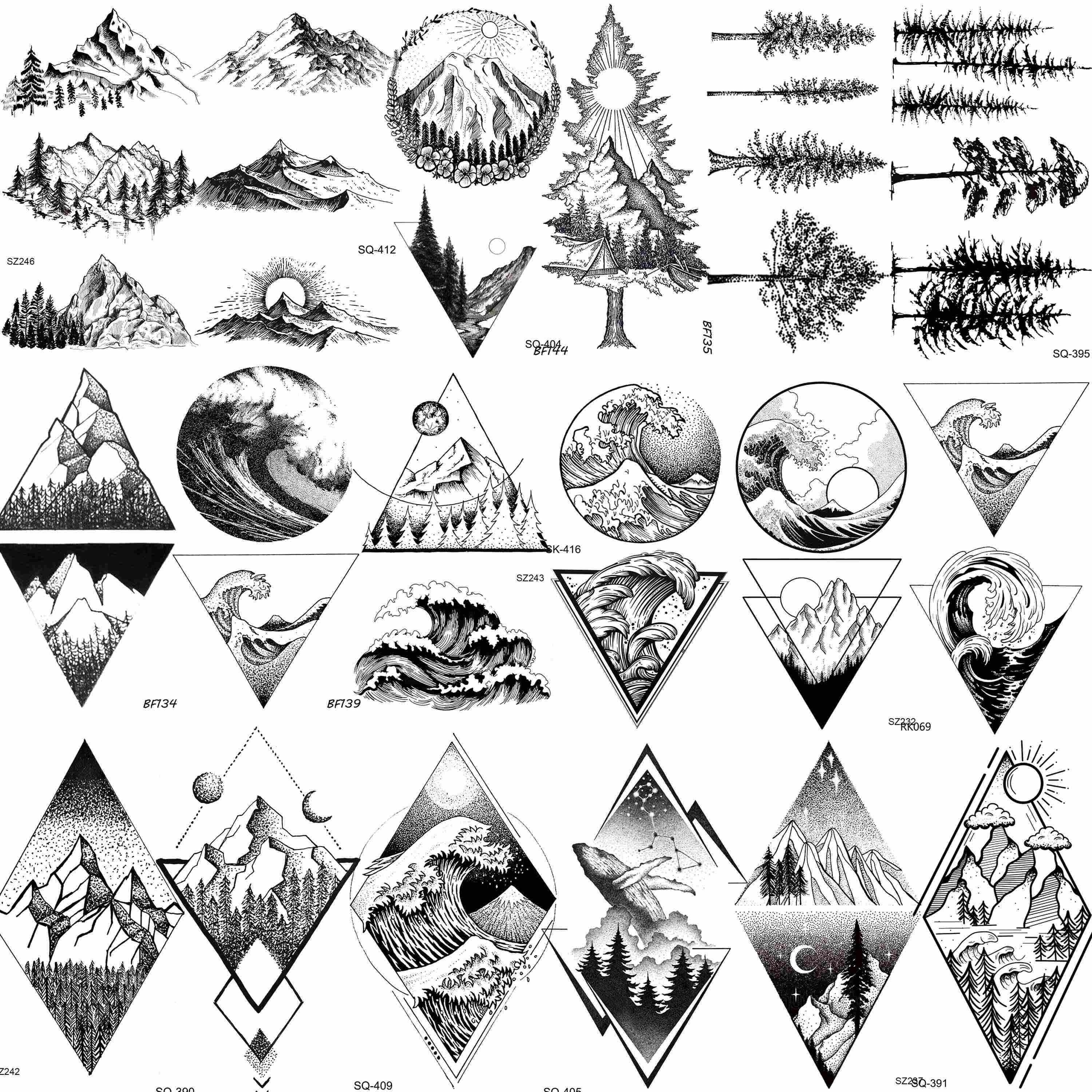 

Coktak 18 Sheets Small Geometry Black Mountain Temporary Tattoos For Men Women Adults Neck, Sea Waves Fake Tattoo Stickers, Geometric Triangle Universe Planets Star Temporary Tattoo Decals Pine Tree