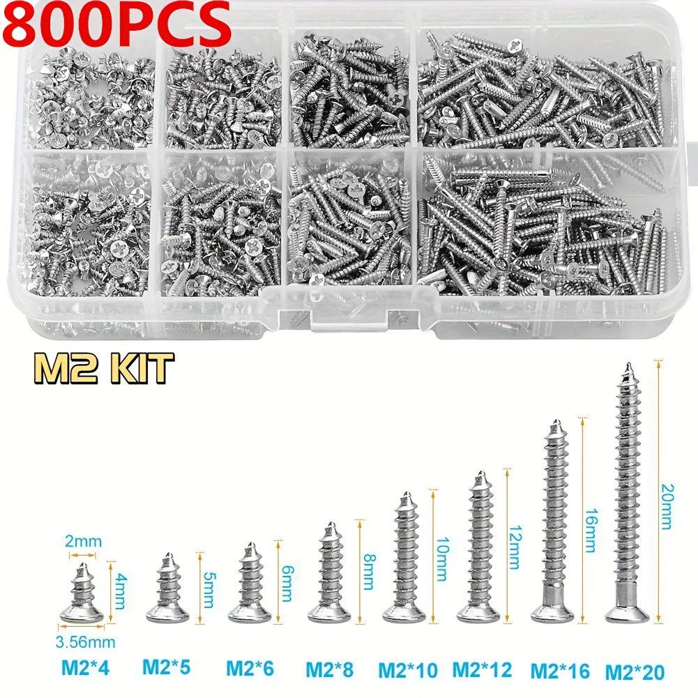 

800pcs M2 Stainless Steel Self-tapping Screw Combination Kit, Locking Nut Wood Screw Set, Flat Head Self-tapping Screw, Suitable For Notebook Computer Maintenance Small Household Appliances