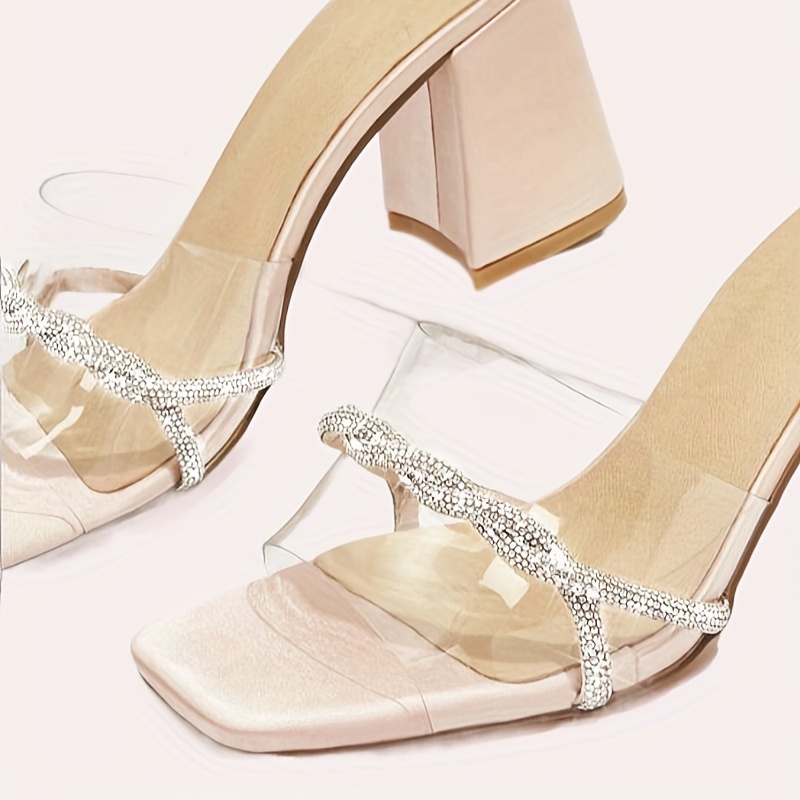 Women's Rhinestone Decor Block Heeled Sandals, Fashion Square Toe  Transparent Strap Pumps, Summer Slip On Heels - Temu Belgium