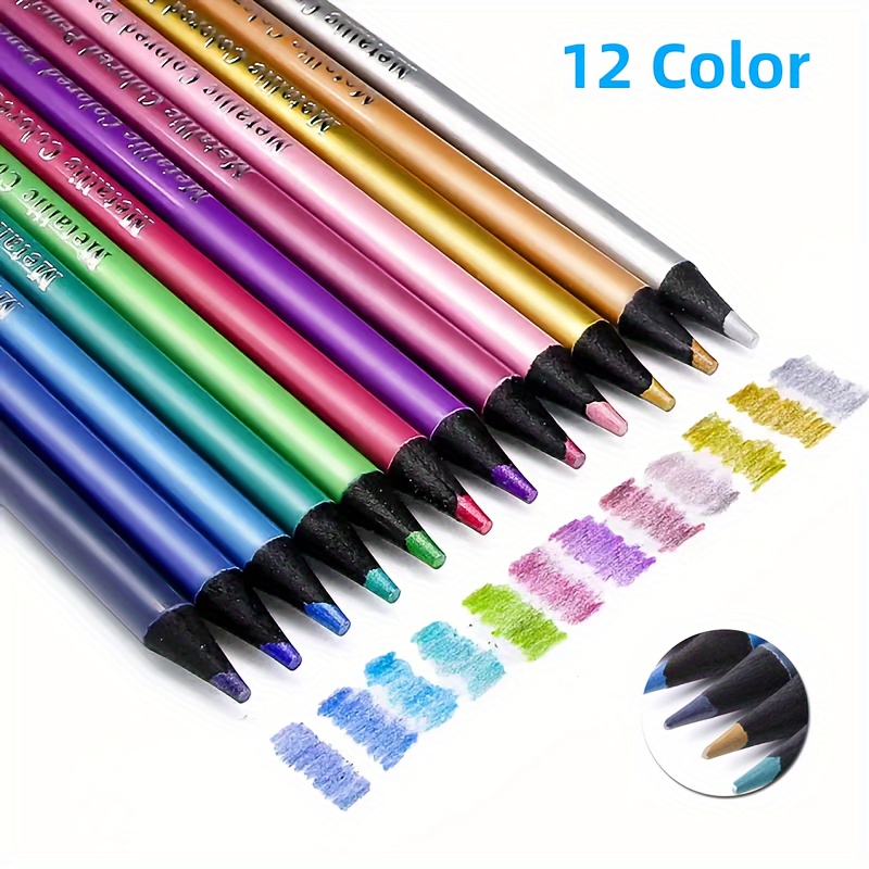 D-GROEE 12x Metallic Colored Pencils Black Wood Drawing Pencils Assorted  Colors Wooden Sketching Pencil Set Premium Non-toxic Colored Pencils for  Kids