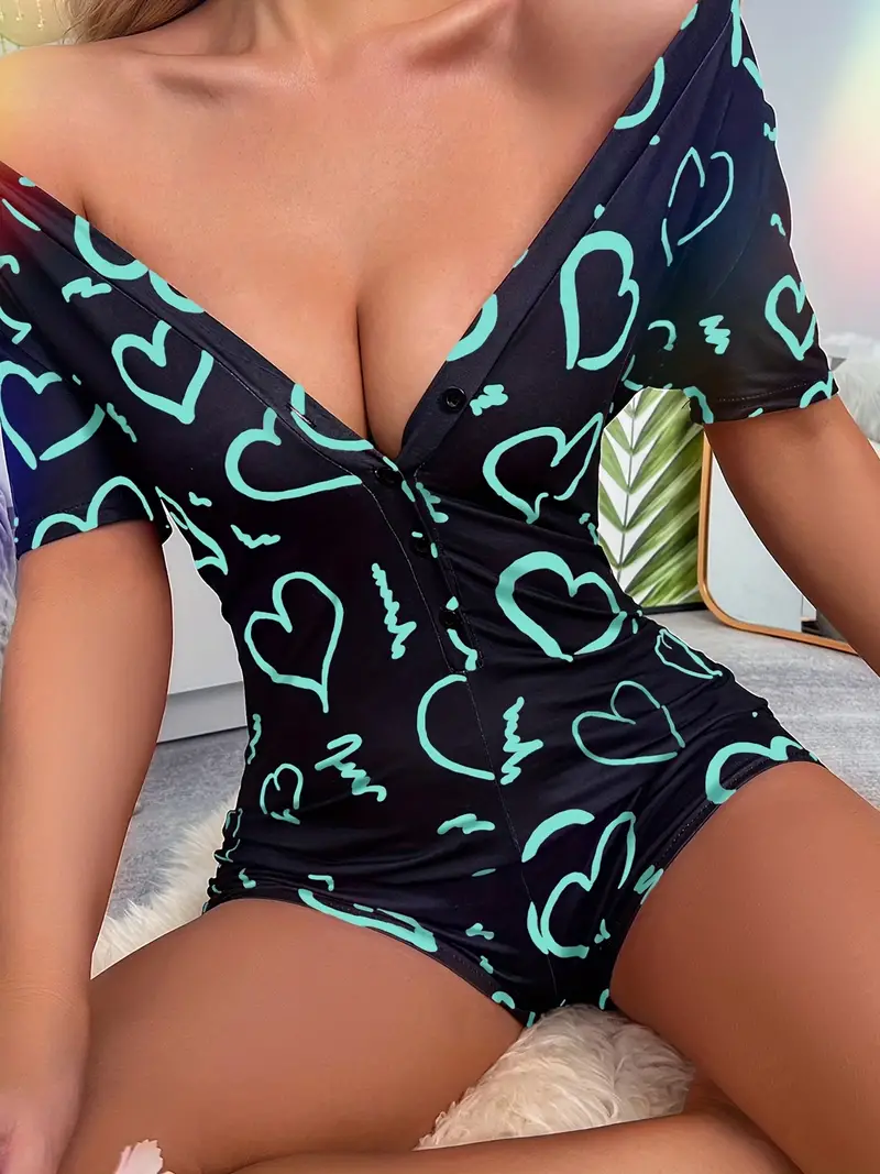 one piece heart pattern sleepwear casual comfy buttons short sleeve pajama romper womens lingerie sleepwear details 18