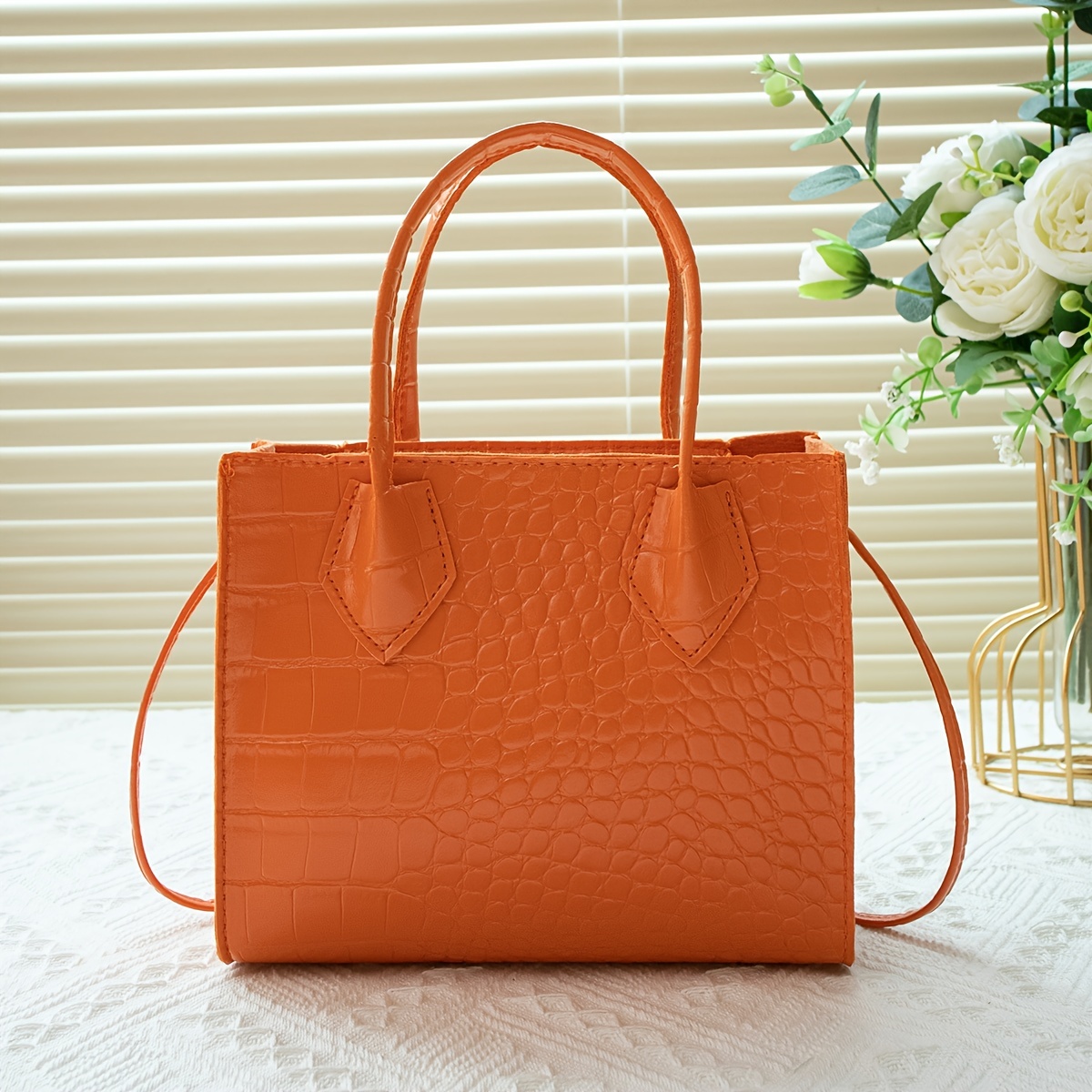 Trendy Minimalist Crocodile Embossed Bag, Mini Solid Color Square Handbag, All-Match Storage Satchel Bag