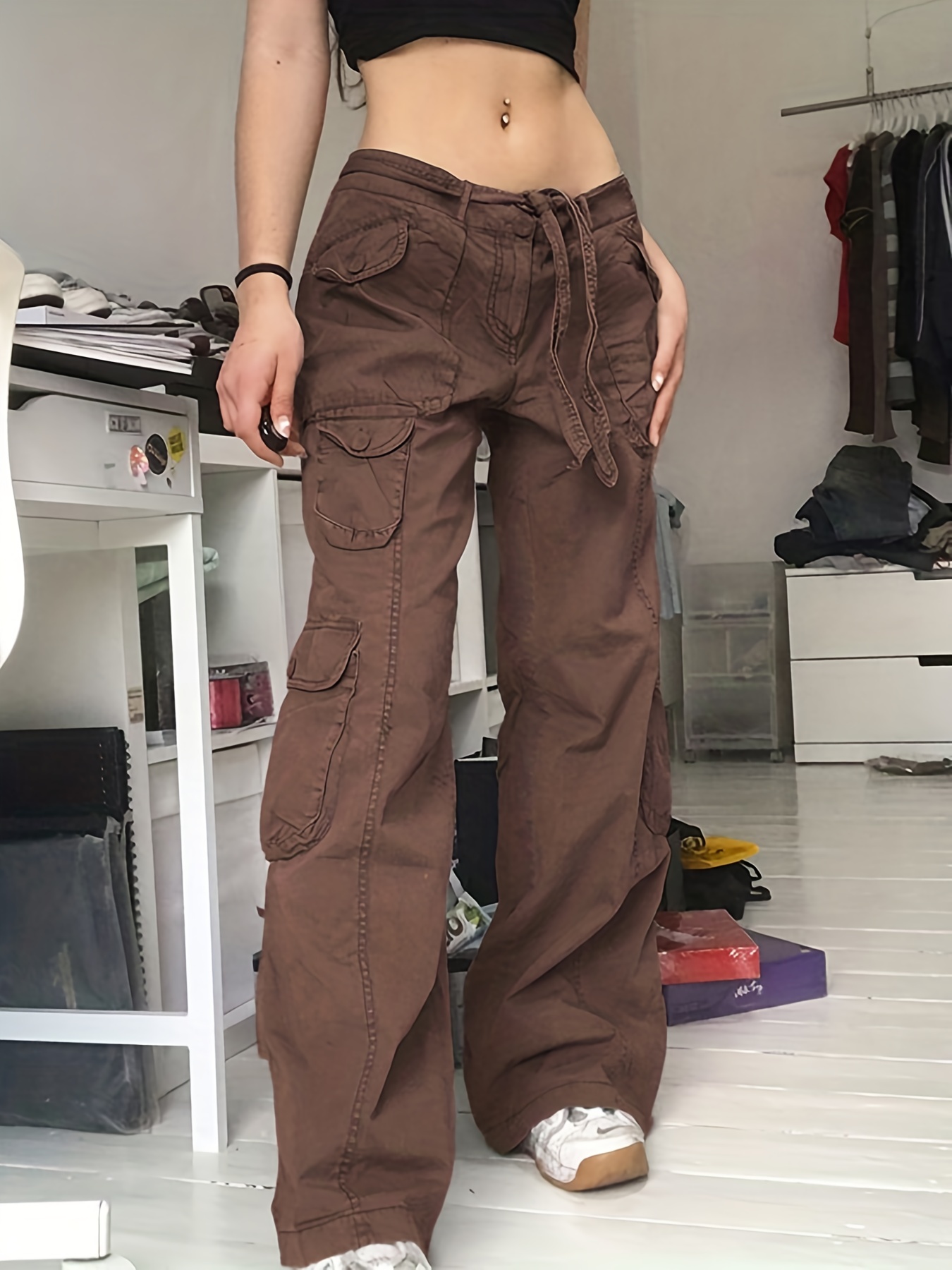 Plain High Rise Cargo Denim Pants Loose Solid Color Retro - Temu