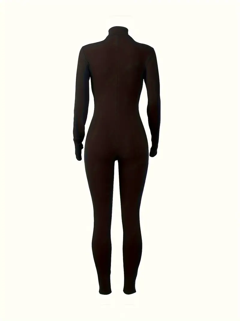 Solid Zip Front Jumpsuit Casual Long Sleeve Jumpsuit Women's - Temu