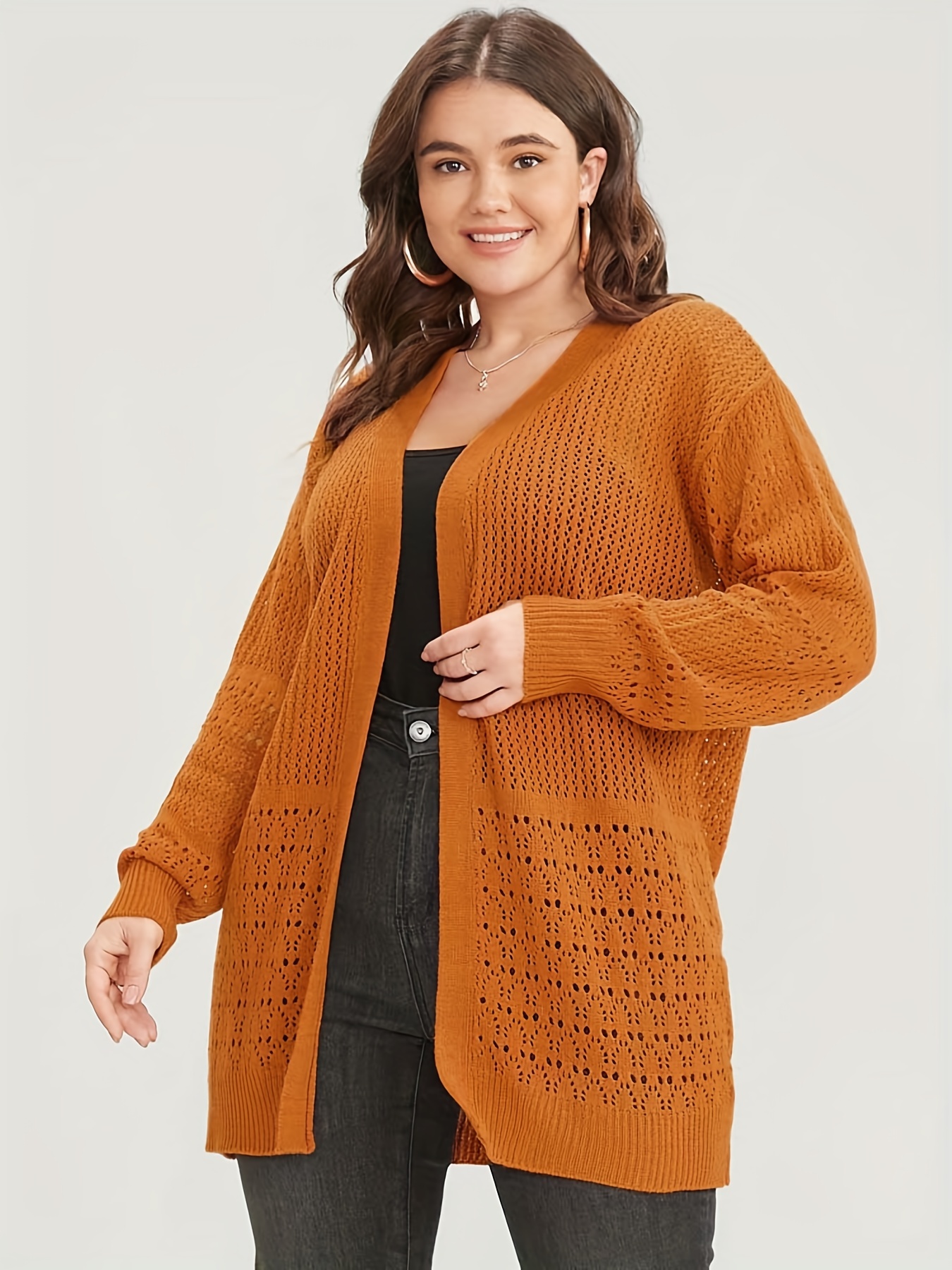 Plus Size Sexy Cardigan Women's Plus Solid Hollow Open Front