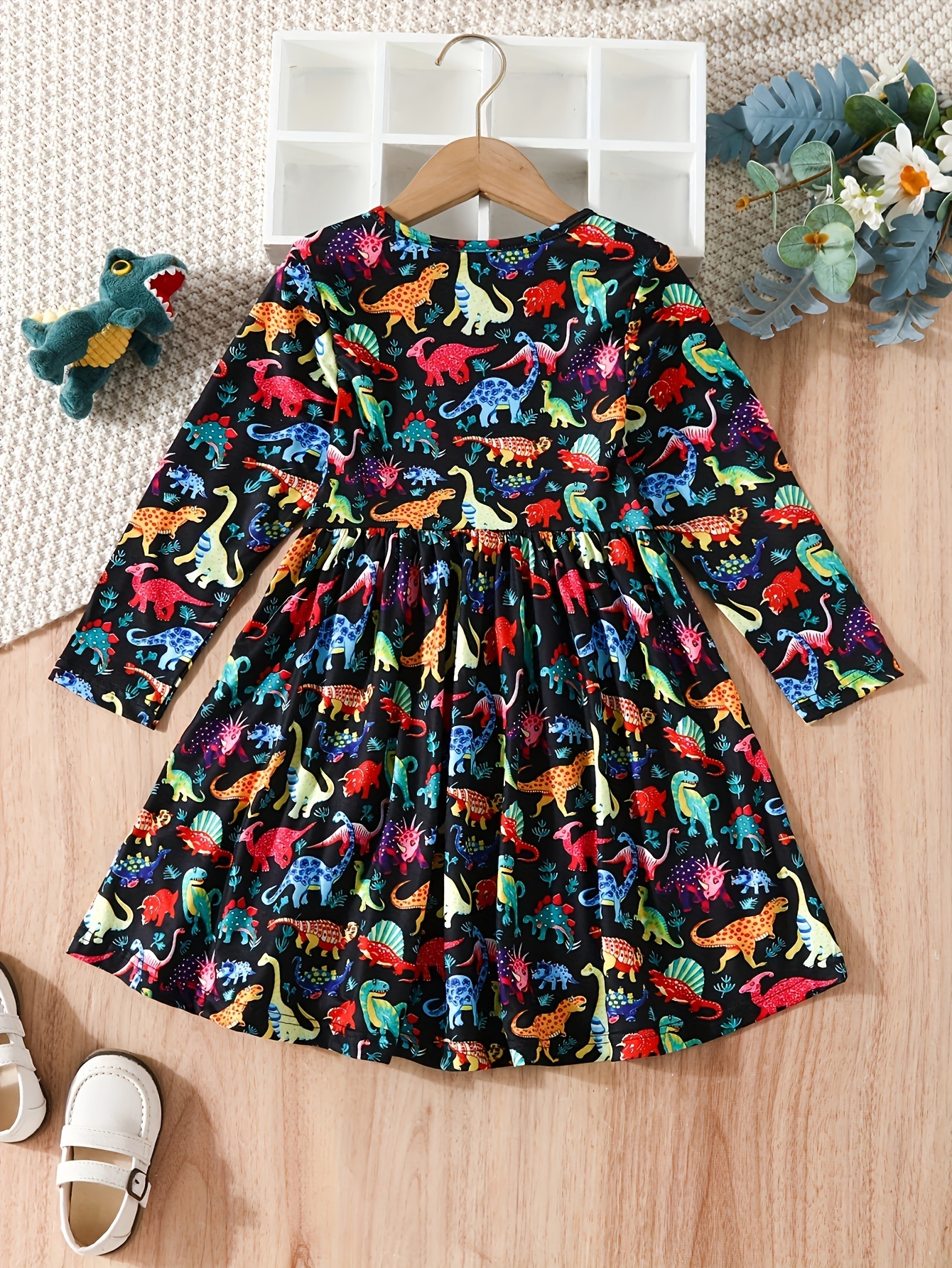 long sleeve dinosaur dress long sleeve twirl dress | honey ginger dino