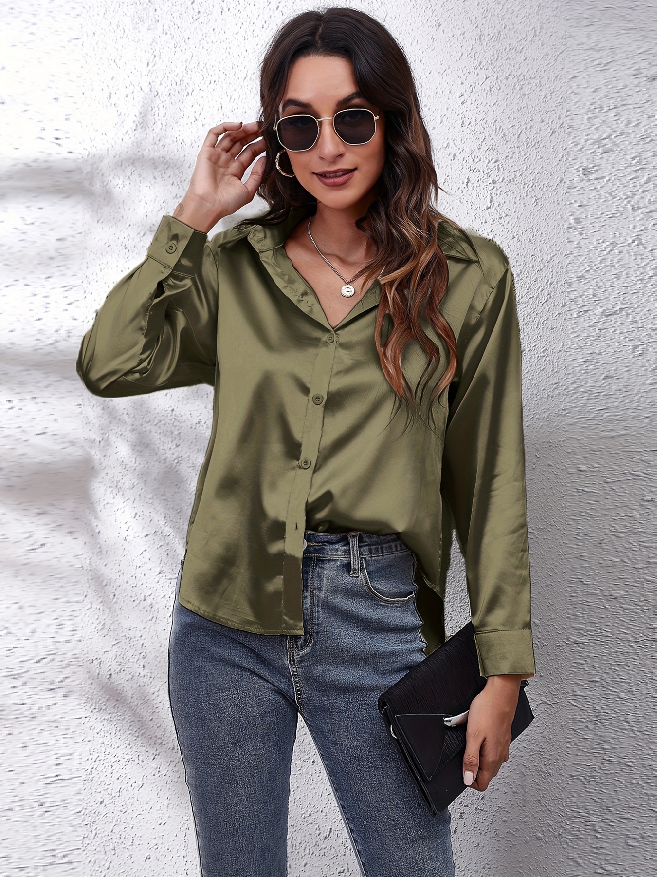 solid color long sleeve button down tops business casual blouses for all seasons womens clothing