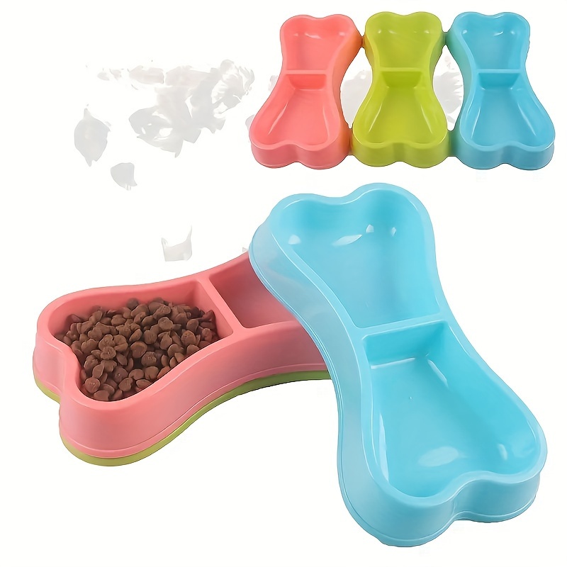 1pc Plastic Bone-shaped Dog Bowl, Double Bowls Design For Water And Food