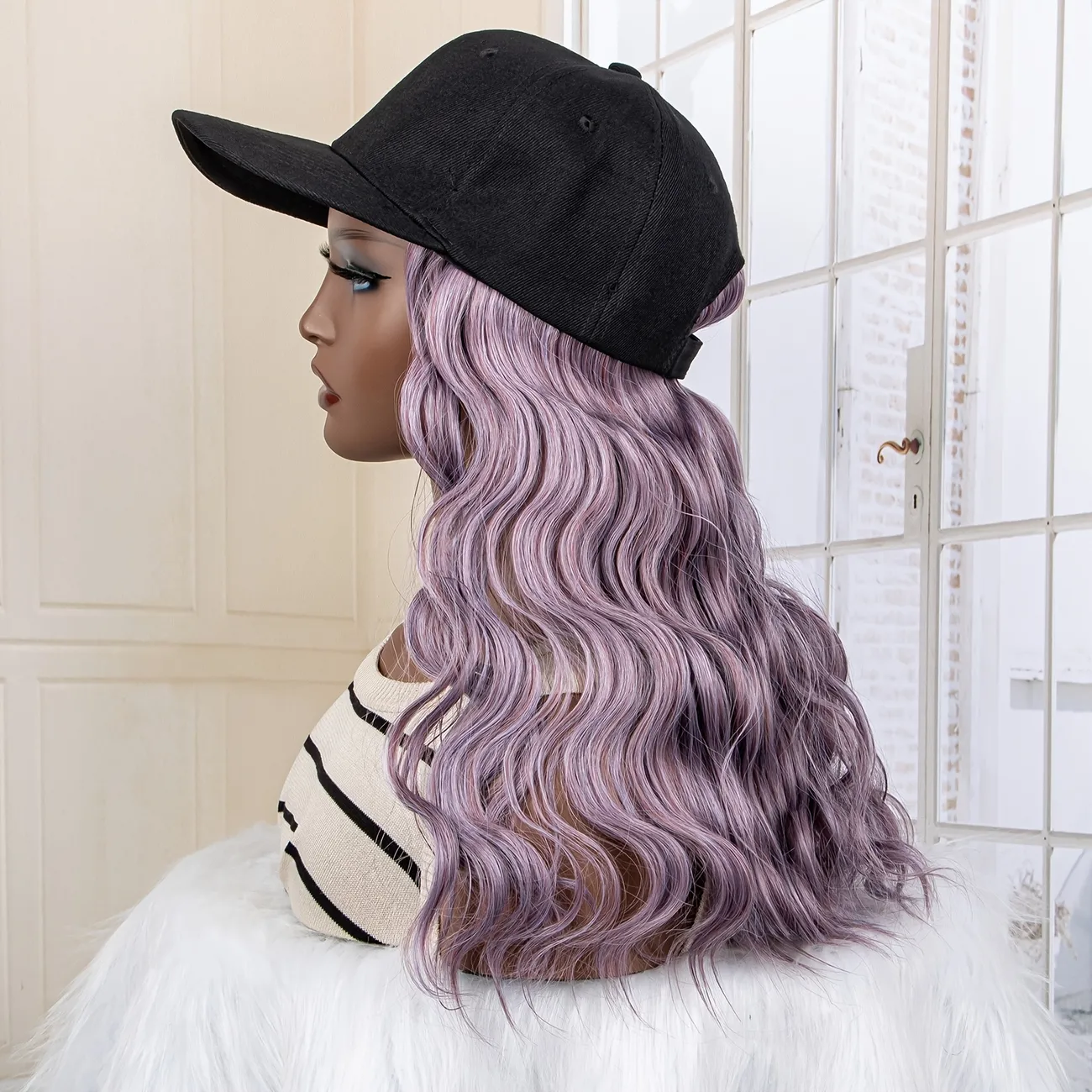Long Water Wave Light Purple Hair Extensions Baseball Wig Hat For Women And  Girls - - Temu