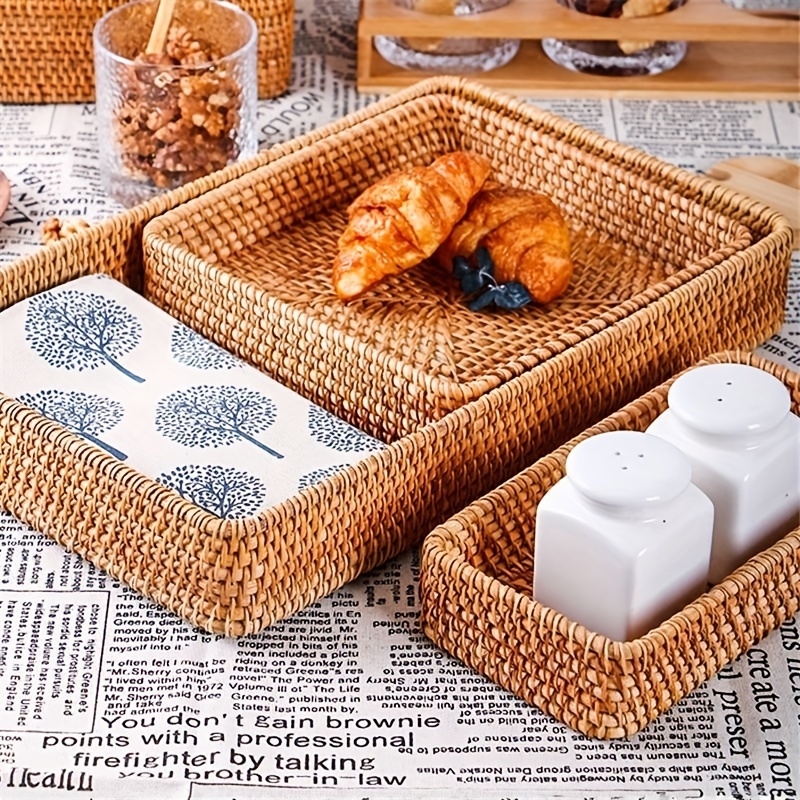 Caja redonda de ratán con tapa, bandeja de mimbre multiusos tejida a mano,  decoración de escritorio, caja de almacenamiento, cesta de almacenamiento  de pan de comida de Picnic - AliExpress