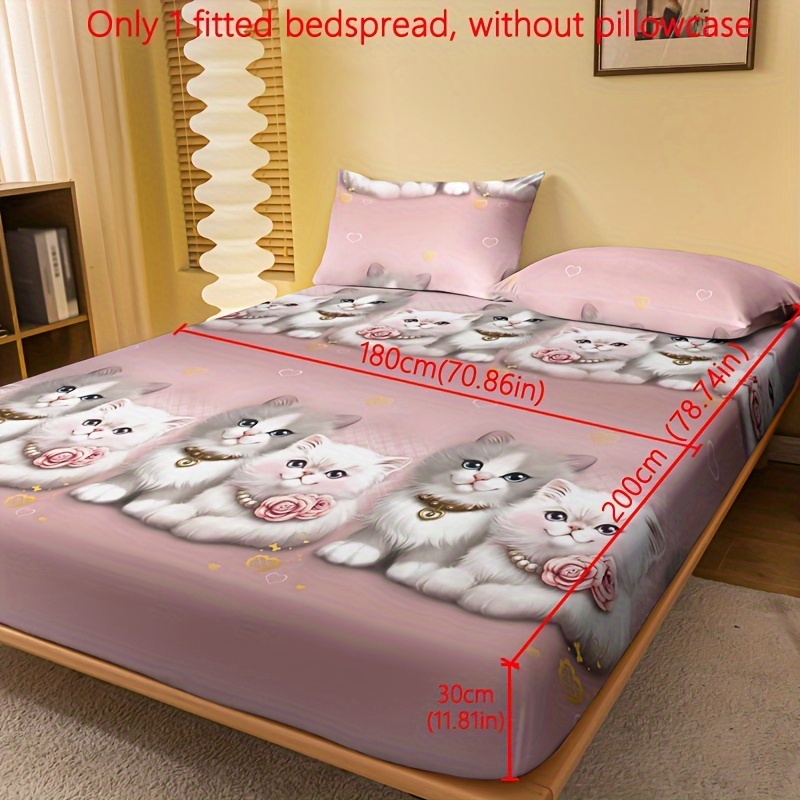 1pc Of Printed Brushed Fitted Sheet, Bedroom Couple Cute Cat Print Bed Cover, Bedding