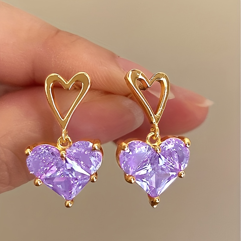 Shiny Purple Heart Zirconia Earrings Necklace Set Elegant - Temu