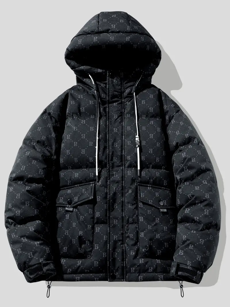 Men's Letter Print Puffer Jacket, Casual Windproof Flap Pocket Padded Coat  For Fall Winter - Temu