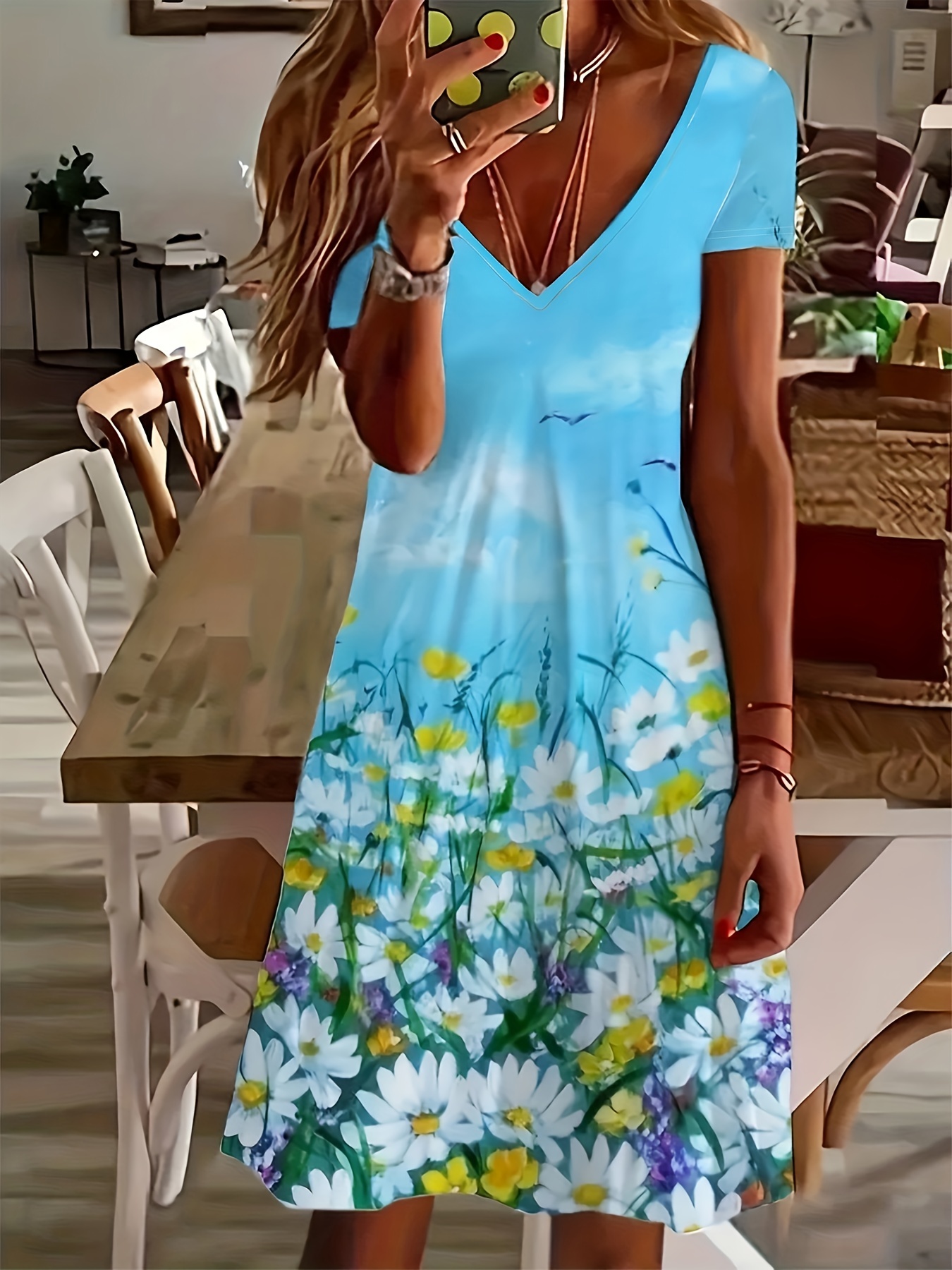 Платье с коротким рукавом с цветочным принтом, повседневное платье-миди с V-образным вырезом, женская одежда