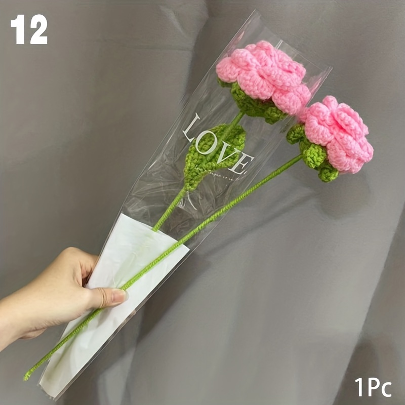 1个太阳花郁金香手工编织玫瑰花、仿真花、组合手工花DIY羊毛线编织自制钩编花束，是完美的情人节或教师节礼物