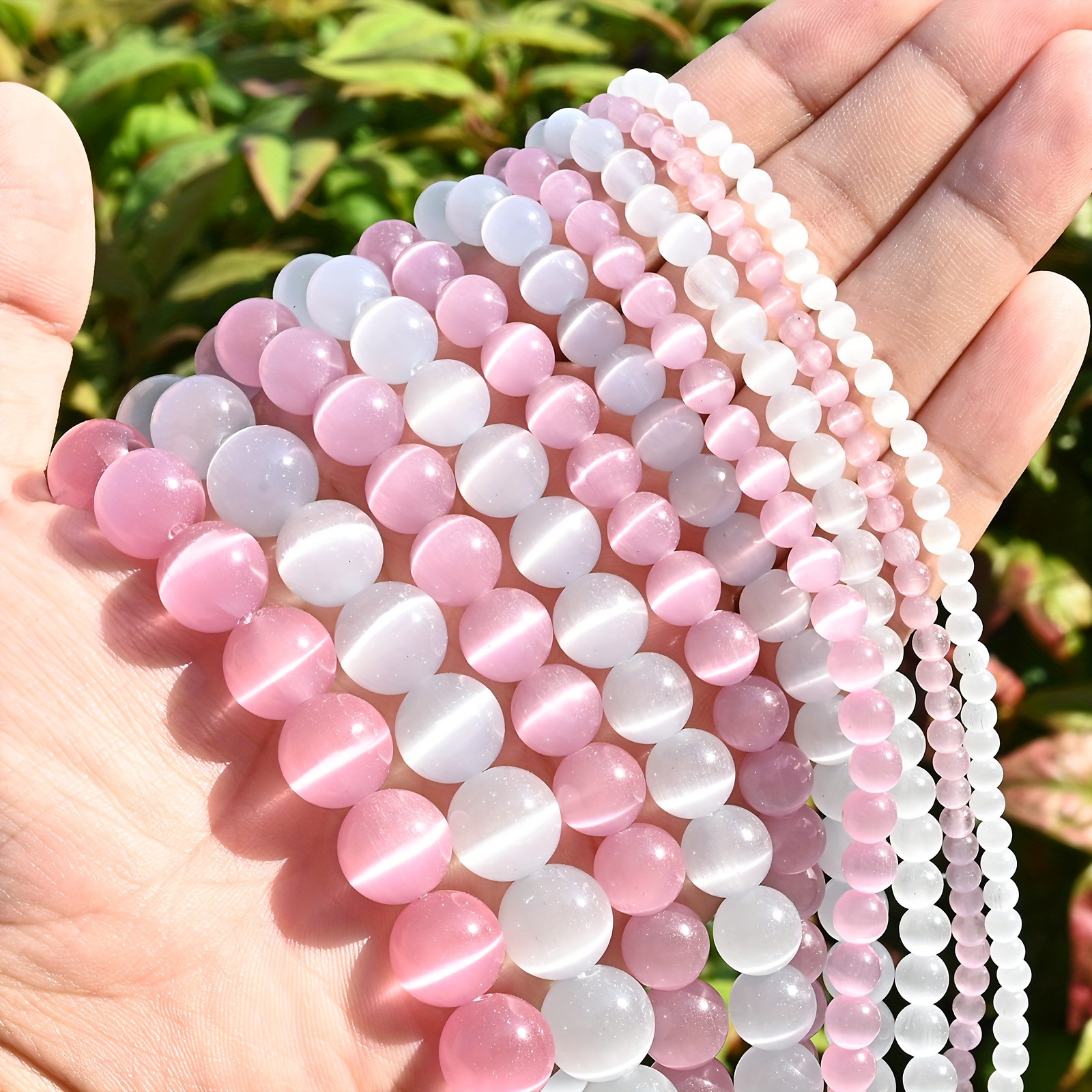 Bracelet perle 10 mm pink œil de chat rond pierre naturelle