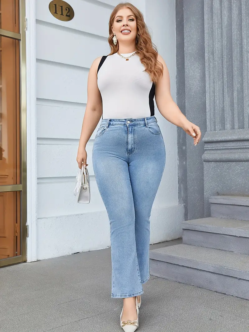 Plus Size Casual Jeans, Women's Plus Washed Button Fly High Stretch Flared  Leg Jeans