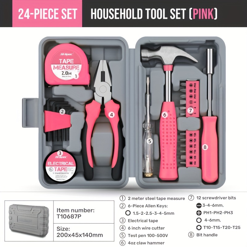 pink home hardware set pliers tape measures hammers home repair kit set details 2