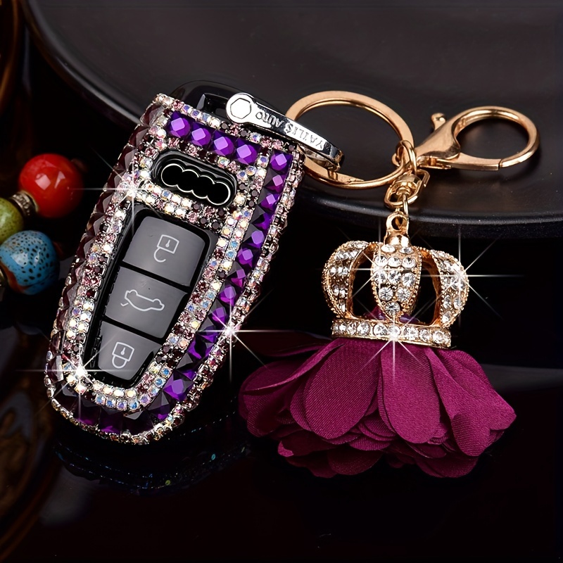 Audi Bling Car Key Leather Holder with Rhinestones- Pink/Purple