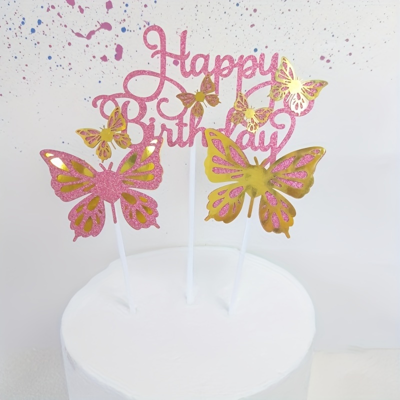 13 pçs glitter borboleta feliz aniversário bolo toppers 3d rosa