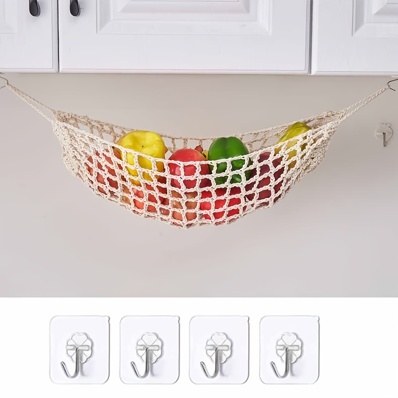 

1pc, Kitchen Cotton Rope Hand-woven Vegetable And Fruit Hanging Basket, Bohemian Style Vegetable And Fruit Net Pocket Hammock, Comes With 4 Hooks, Home Kitchen Supplies