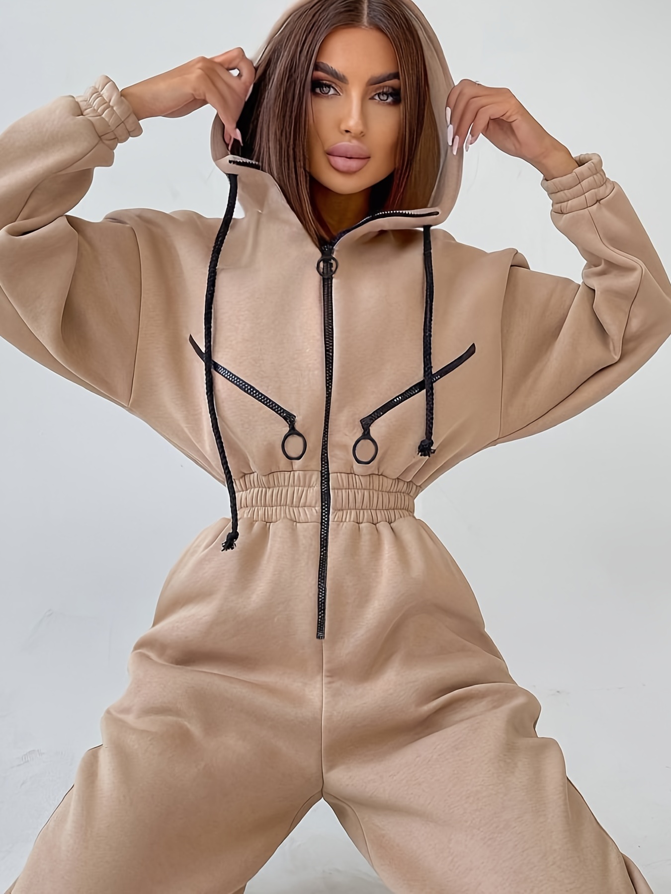 Sexy Jersey Romper Jumpsuit Hoodie with Hoodie Zip Up Cinched