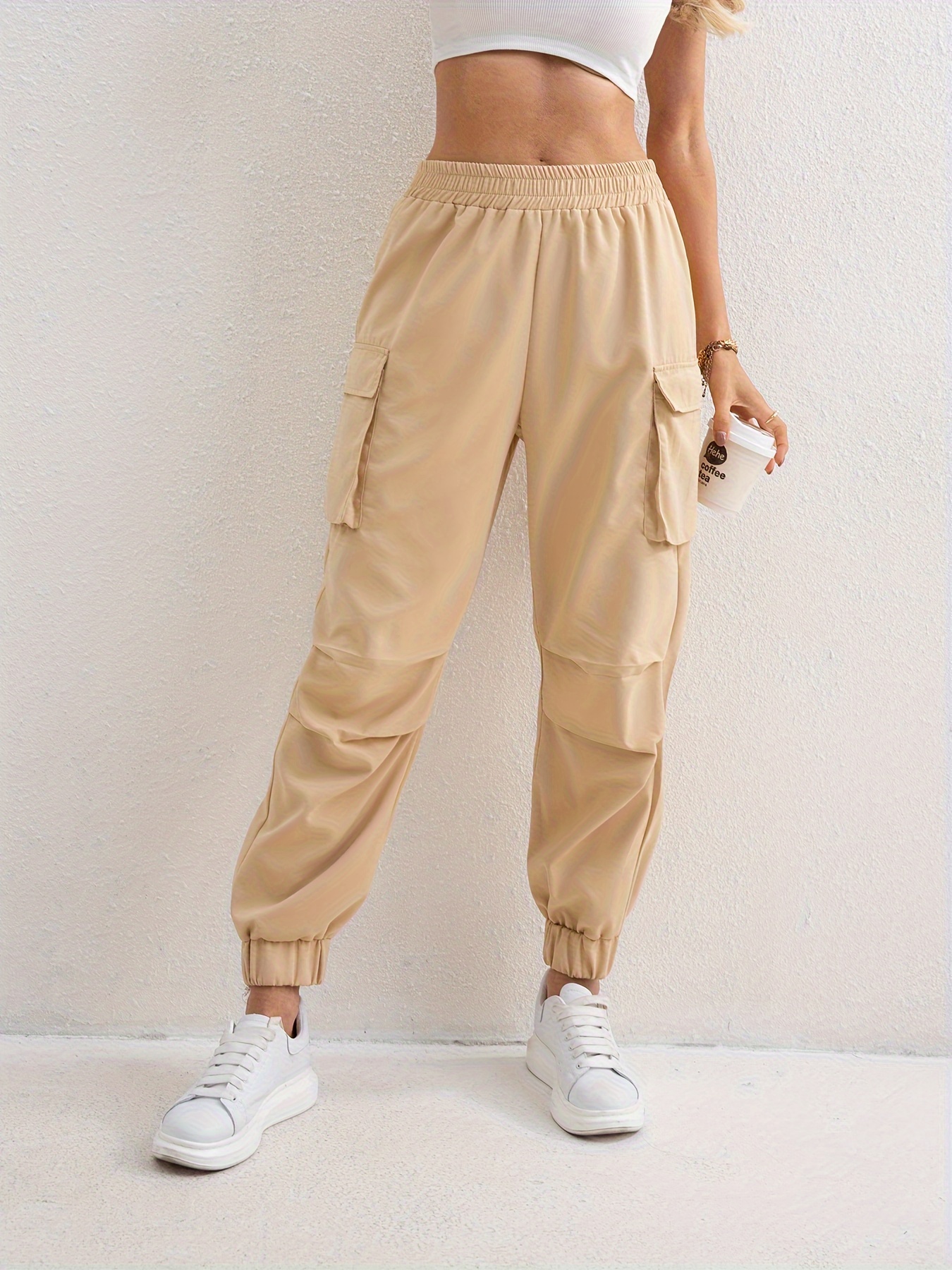  Beige S Cargo Pants for Women with Pockets Elastic