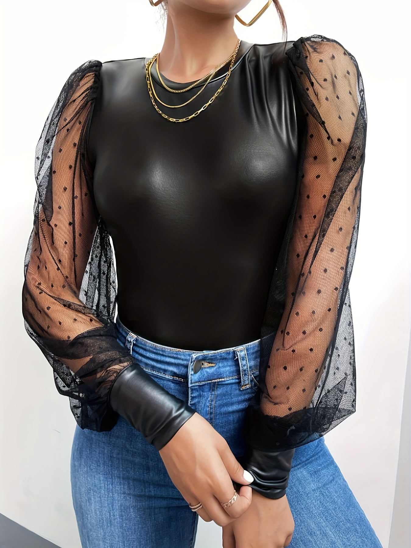 Contrast Mesh PU Leather Top, Solid Crew Neck Lantern Sleeve Top, Women's  Clothing