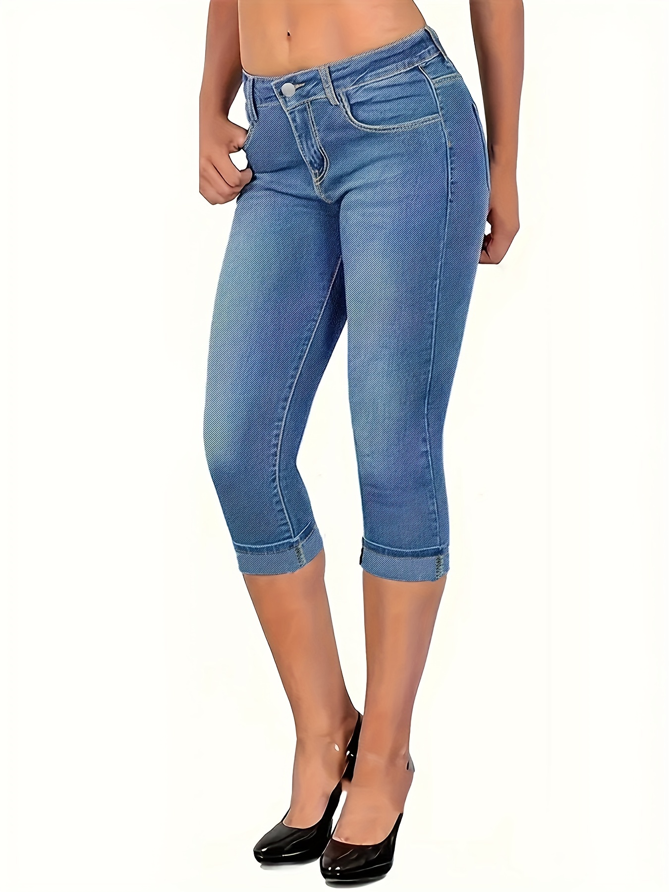 Blue Slim Fit Capris Denim Jeans stretch Slant Pockets - Temu New Zealand
