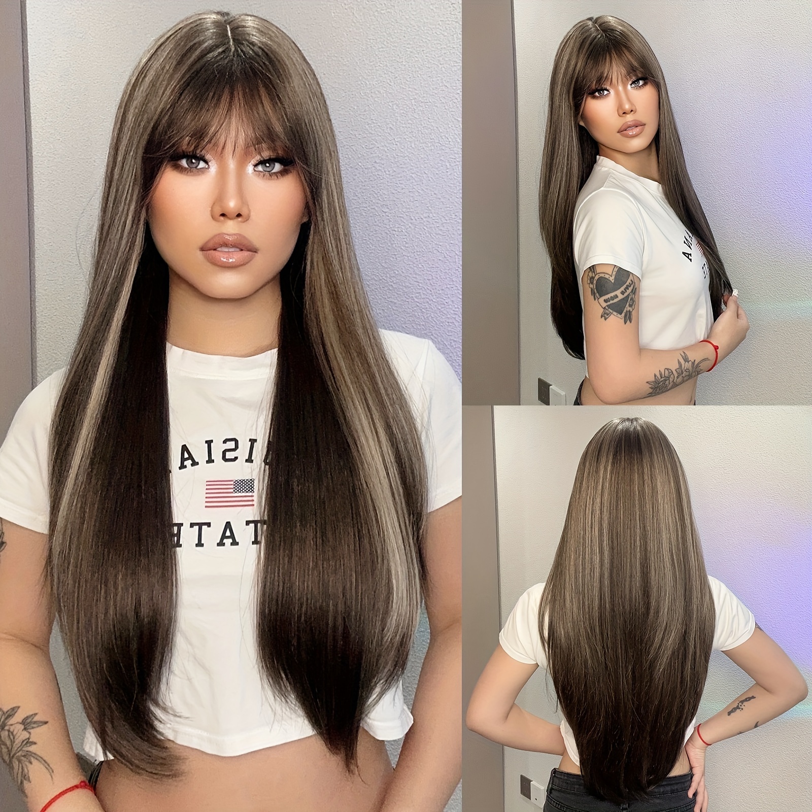 Long Straight Brown Ribbon Highlight Dye Wig Bangs Women s Temu